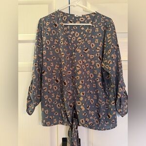 West K Blue and Nude Animal Print Tie Front Blouse